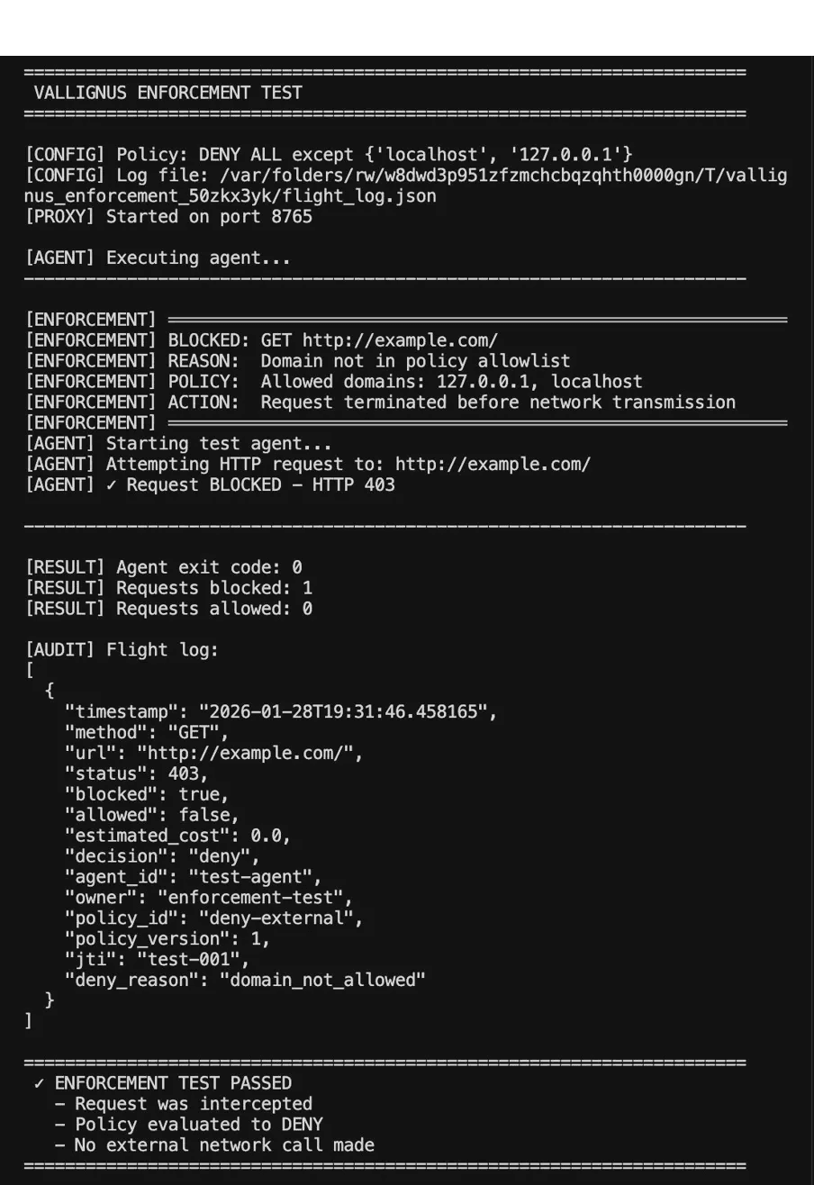 Terminal output showing runtime enforcement event